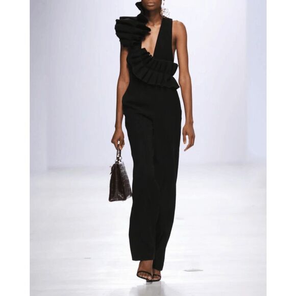 Andrea Iyamah Iman Ruffle V-Neck Crepe Sleeveless Jumpsuit Black Medium $400